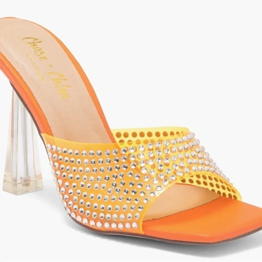 CHASE AND CHLOE Rhinestone Crystal Clear Vamp Strap Slide Mule Heeled Sandal